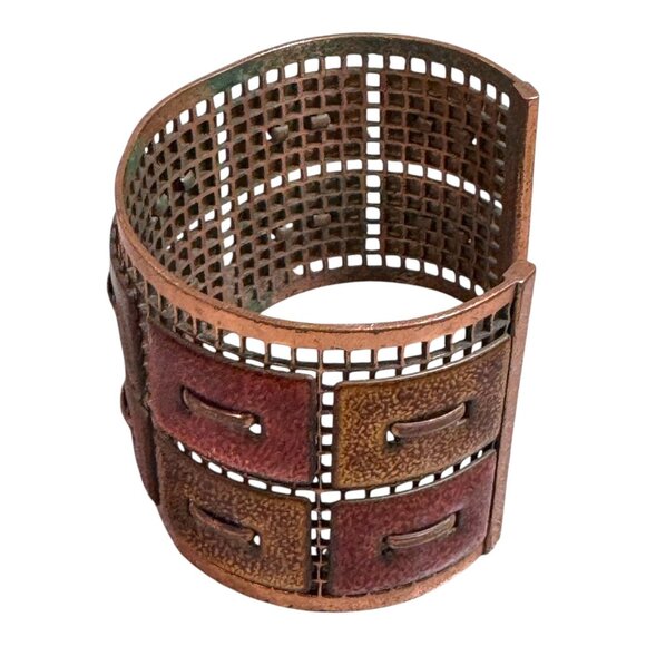 Vintage Matisse Renoir Copper Enamel Cuff Bracelet MCM Modern Grid Panel Design - Picture 11 of 11
